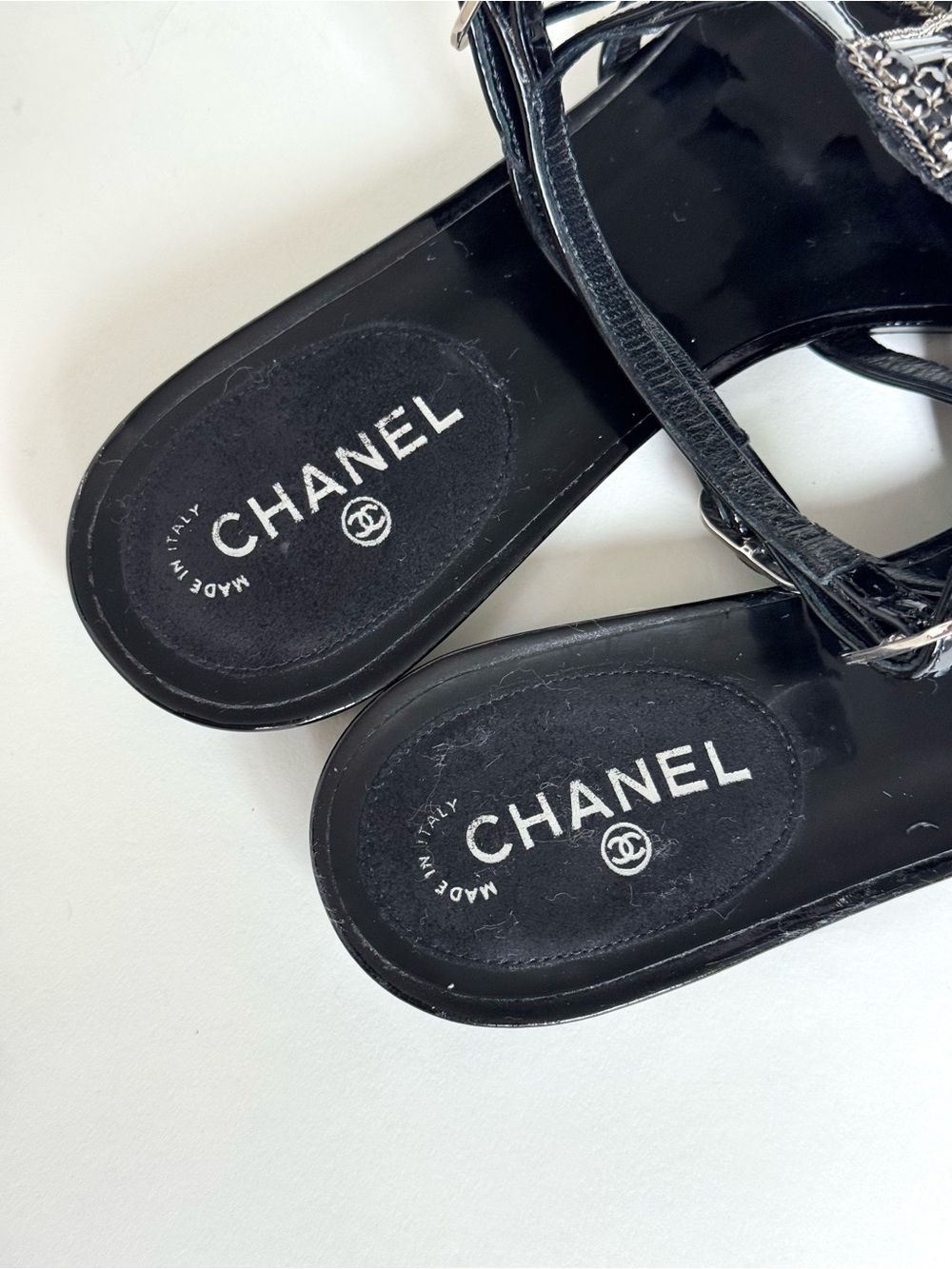 CHANEL Black Patent Leather Beaded and  Jeweled Slingback Sandals - Size 36 - Picture 7 of 10